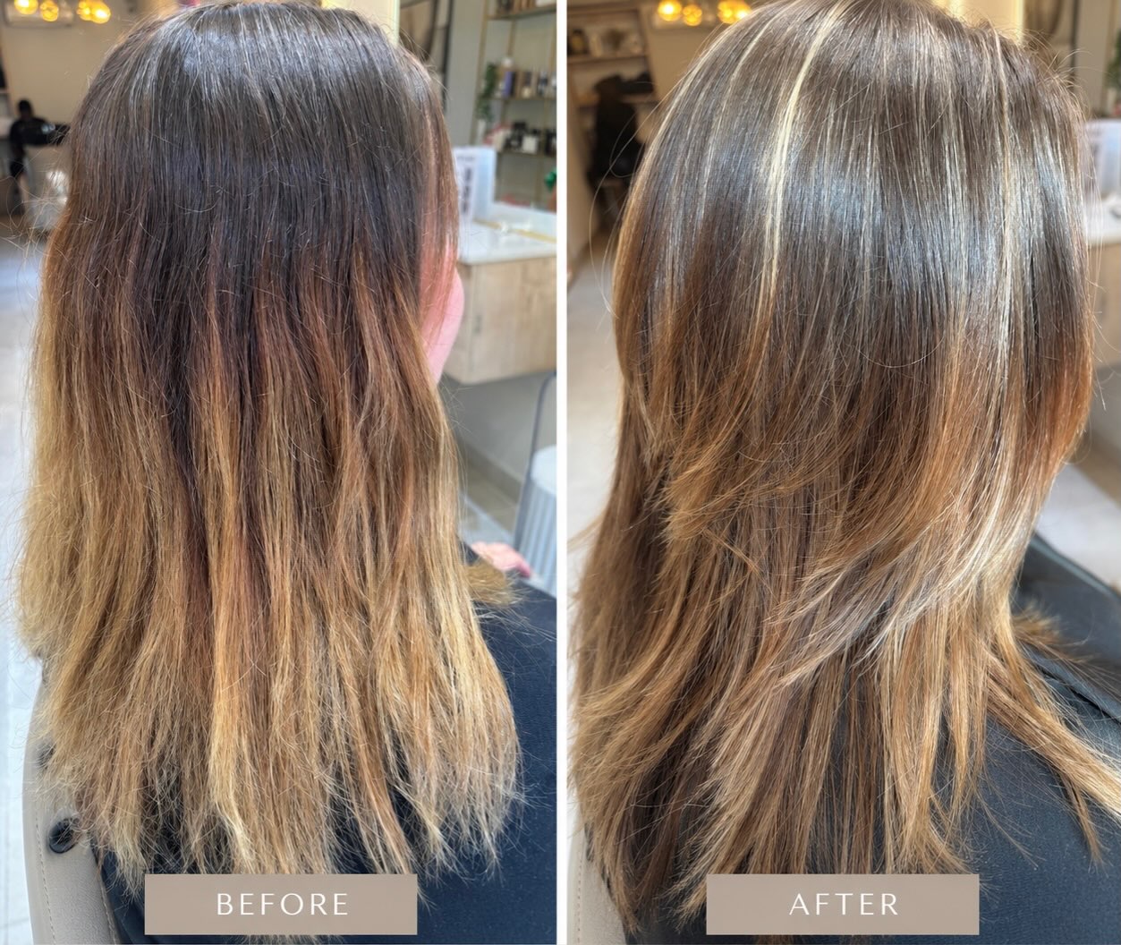 Soft blend with babylights and a layered cut — before and after
