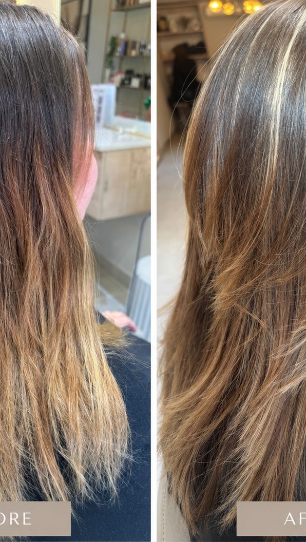 Dark hair lifted to a soft, warm balayage — before and after
