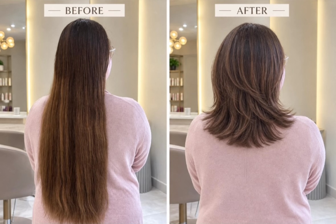 Long hair to a shoulder-length restyle — before and after