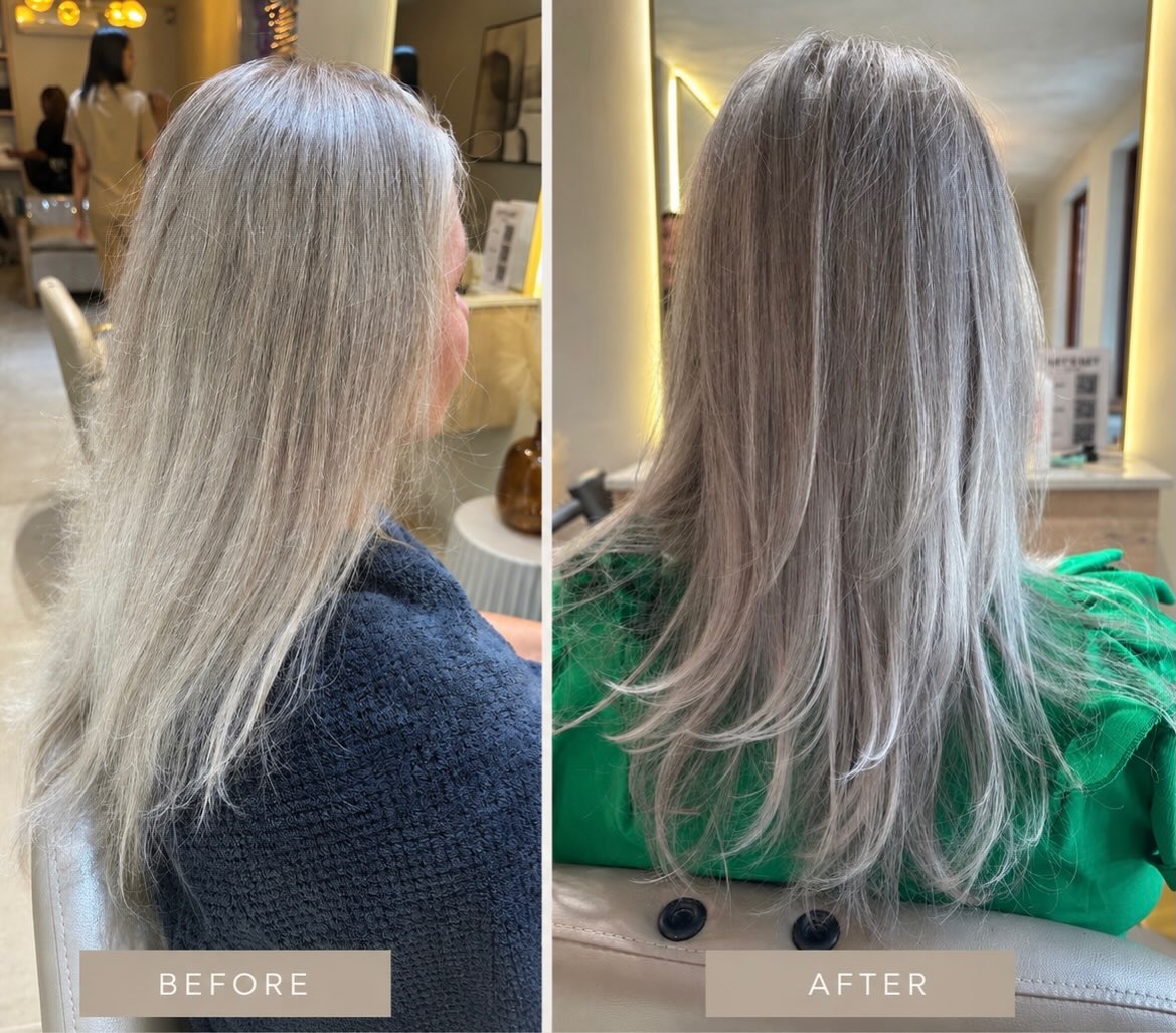 Natural silver hair refreshed with a new shape — before and after
